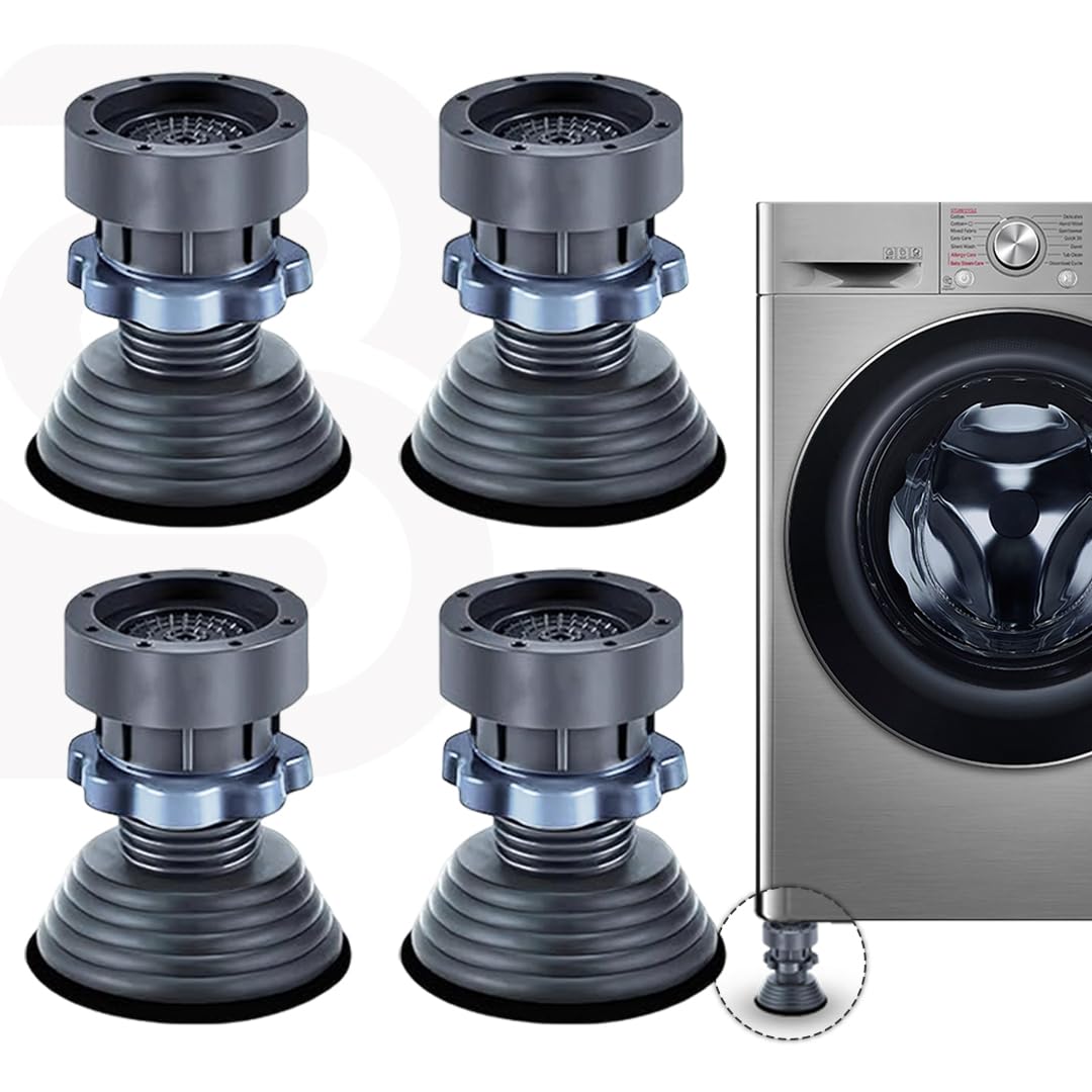 Anti Vibration Pads for Washing Machine | Heavy Duty Rubber Feet with Suction Cups | Shock Absorber Noise Cancelling | Height Adjustable & Anti-Slip Base for Stability (4 Pcs)
