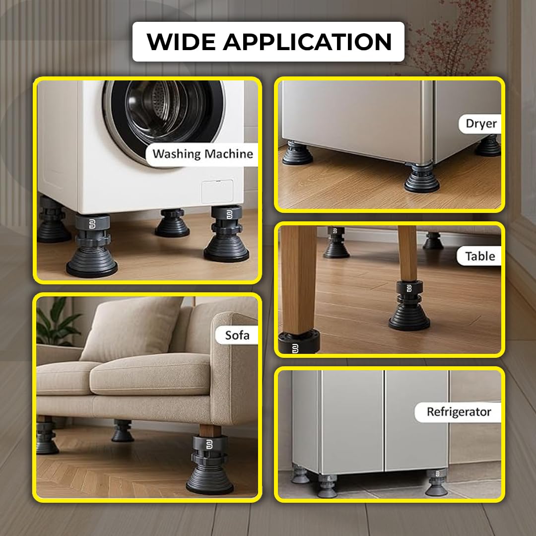 Anti Vibration Pads for Washing Machine | Heavy Duty Rubber Feet with Suction Cups | Shock Absorber Noise Cancelling | Height Adjustable & Anti-Slip Base for Stability (4 Pcs)