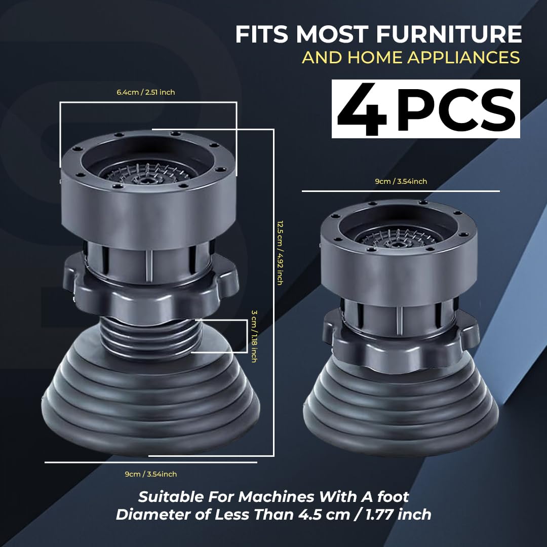 Anti Vibration Pads for Washing Machine | Heavy Duty Rubber Feet with Suction Cups | Shock Absorber Noise Cancelling | Height Adjustable & Anti-Slip Base for Stability (4 Pcs)