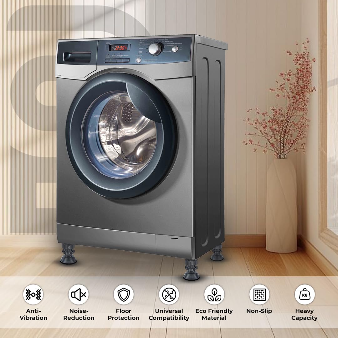 Anti Vibration Pads for Washing Machine | Heavy Duty Rubber Feet with Suction Cups | Shock Absorber Noise Cancelling | Height Adjustable & Anti-Slip Base for Stability (4 Pcs)