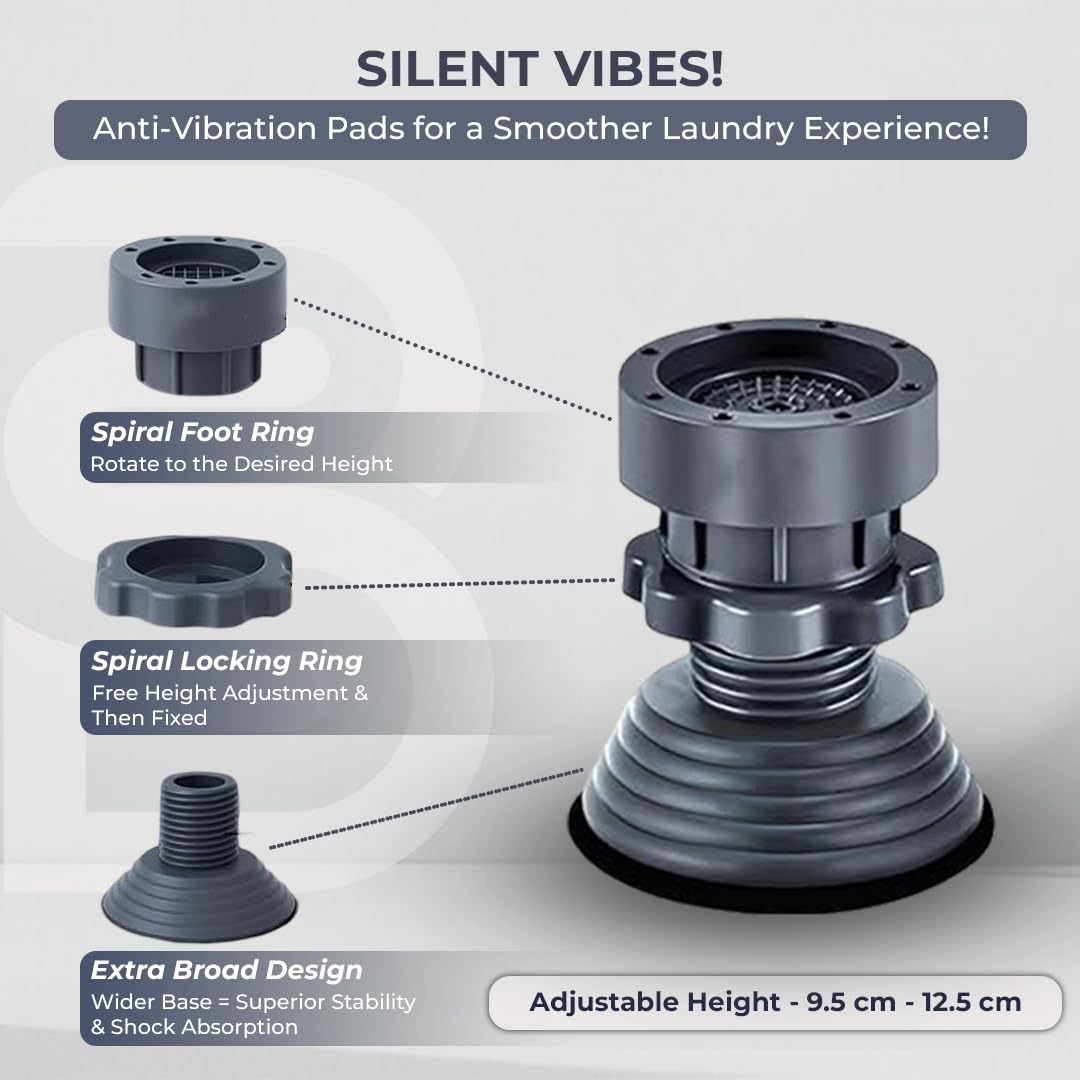 Anti Vibration Pads for Washing Machine | Heavy Duty Rubber Feet with Suction Cups | Shock Absorber Noise Cancelling | Height Adjustable & Anti-Slip Base for Stability (4 Pcs)