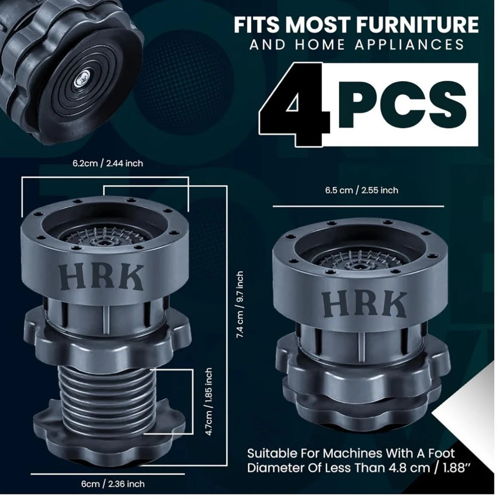 HRK Multi-Purpose Anti-Vibration Pads – Adjustable Feet for Washing Machine, Fridge & Furniture | Non-Slip Rubber Base | 4 Pcs Shock Absorbing Set