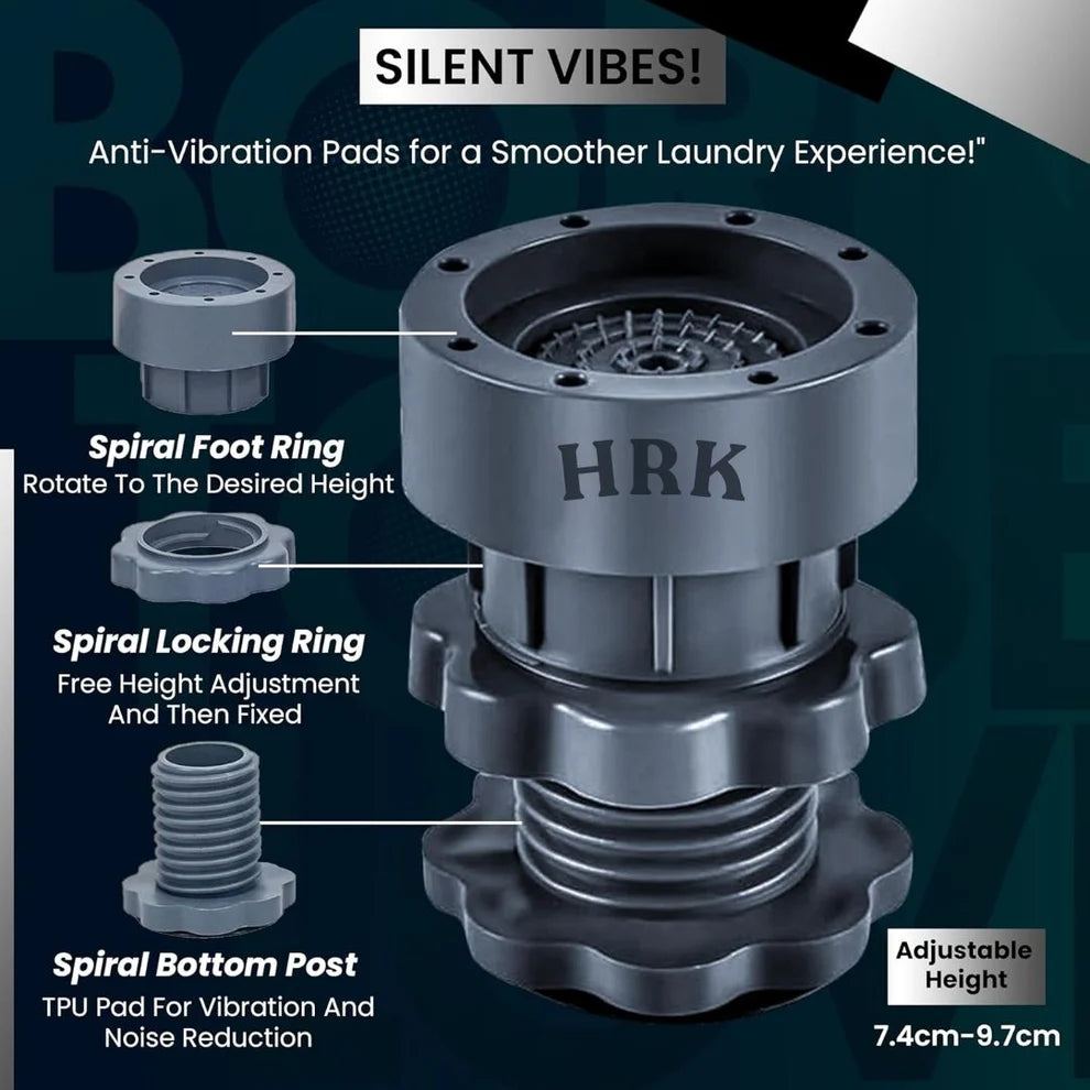 HRK Multi-Purpose Anti-Vibration Pads – Adjustable Feet for Washing Machine, Fridge & Furniture | Non-Slip Rubber Base | 4 Pcs Shock Absorbing Set