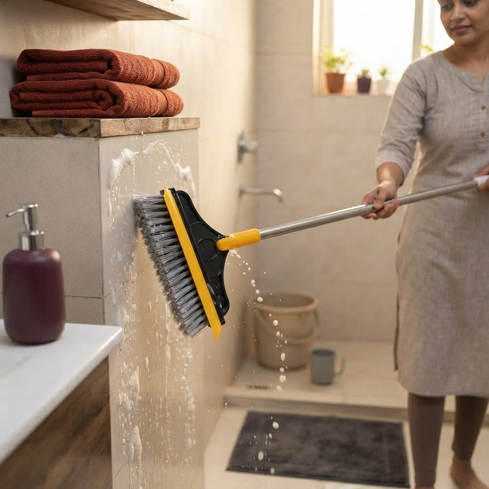 A person using a 2-in-1 bathroom brush and wiper on a tiled wall in a modern, well-lit Indian home bathroom.